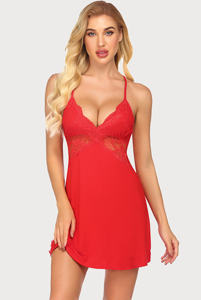 Red lace chemise babydoll lingerie with adjustable straps on a blonde model.