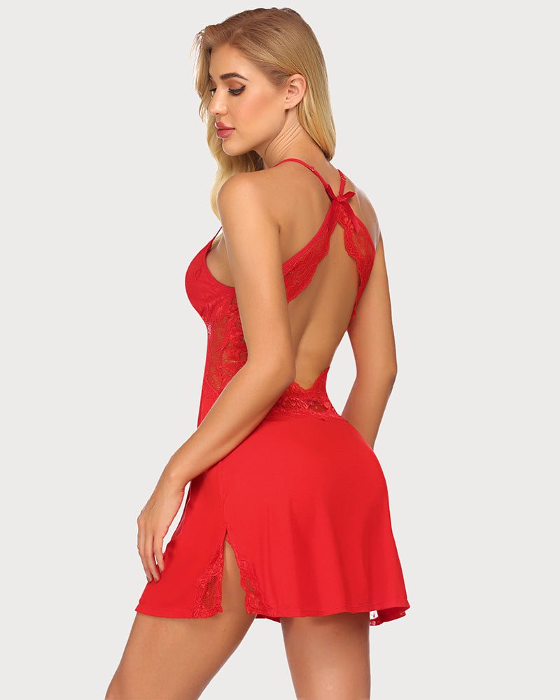 Red lace chemise babydoll lingerie with open back and adjustable straps on a blonde model.