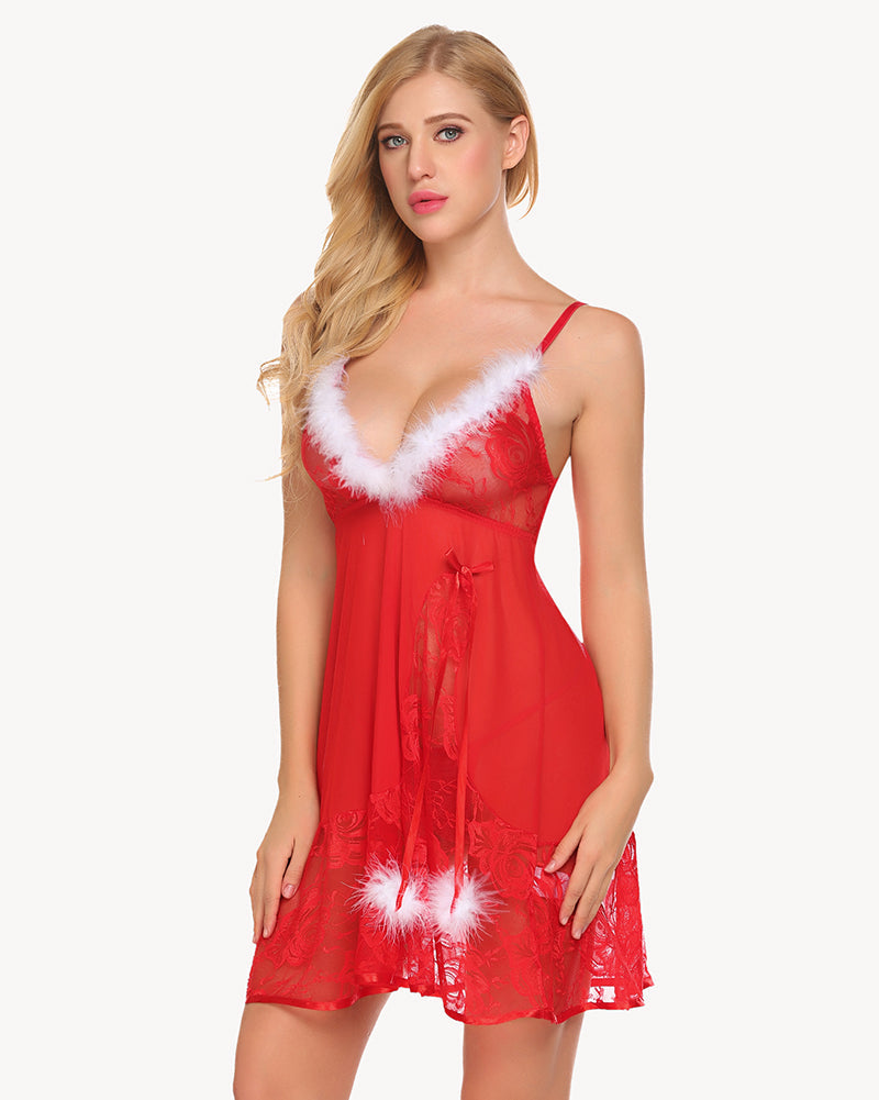 Red Santa Lace Babydoll lingerie with sheer floral lace and fur trim