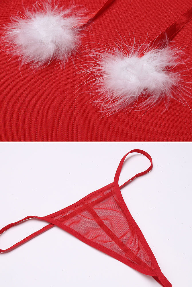 Red Santa lingerie set with fur trim and sheer lace design, includes G-string; sexy lingerie