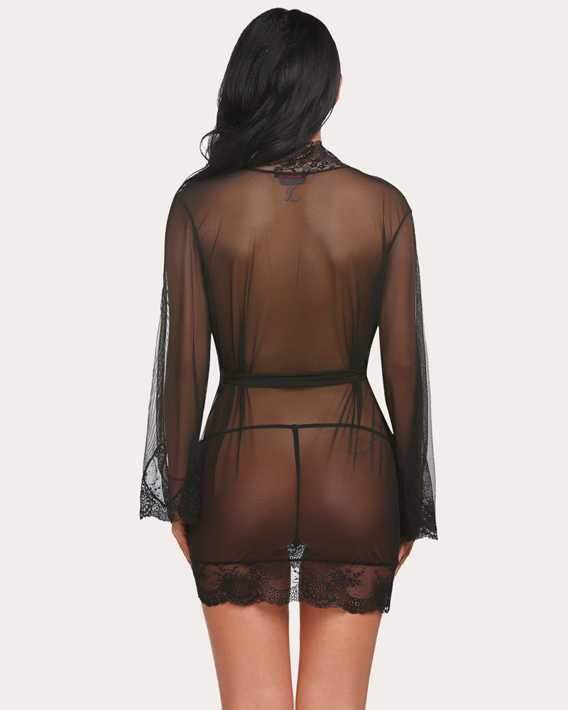 Black mesh kimono robe with lace trim, v-neck and belted waist, sexy lingerie for women. Shop now
