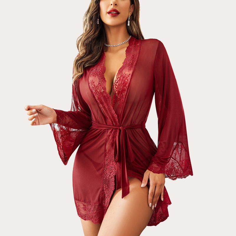 Deep red lace kimono robe with a belted waist, sexy lingerie, designed for women