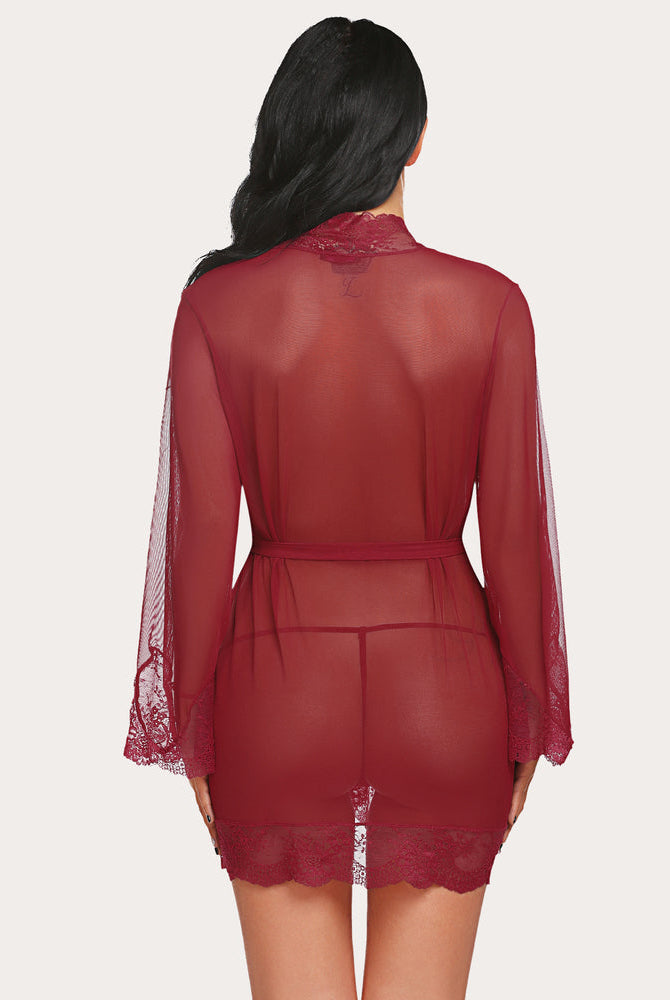 Burgundy sheer mesh kimono robe with lace trim, belted waist. Sexy lingerie for women.