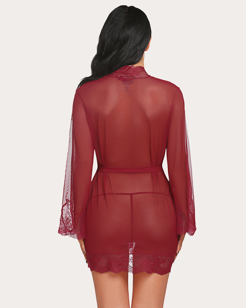 Burgundy mesh kimono robe with lace trim and belted waist, sexy lingerie for women
