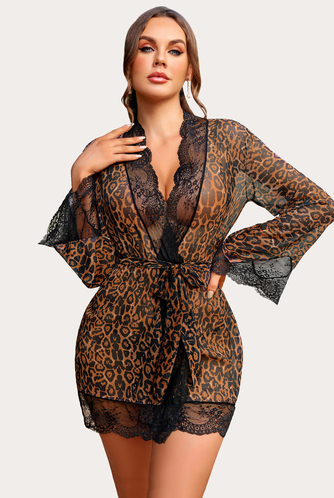 Leopard print lace kimono robe with black lace trim, deep v-neck and tie waist, sexy lingerie