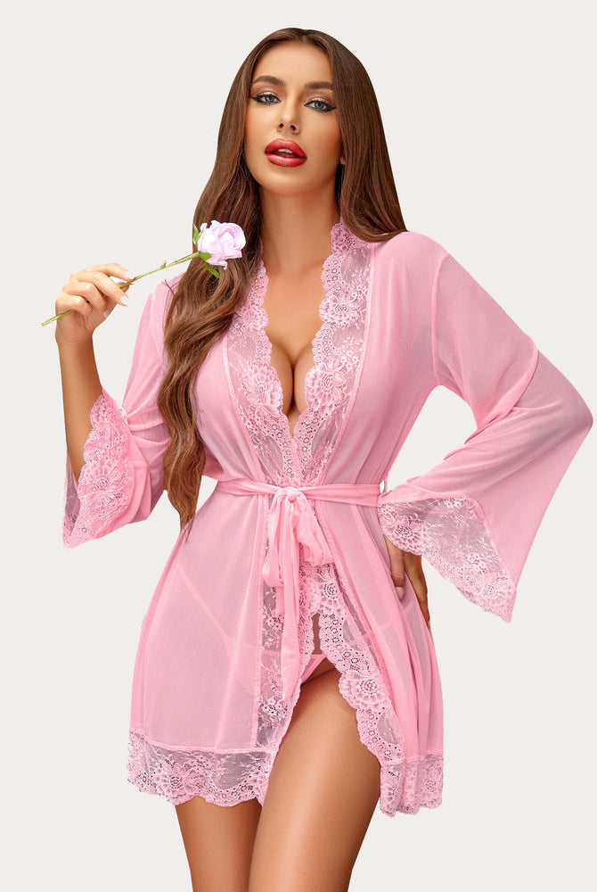 Pink lace kimono robe with mesh detail, belt. Sexy lingerie nightgown for women.