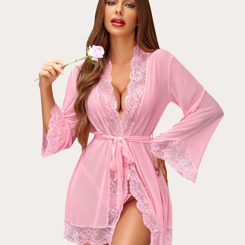 Pink lace kimono robe with mesh detail, belt. Sexy lingerie nightgown for women.