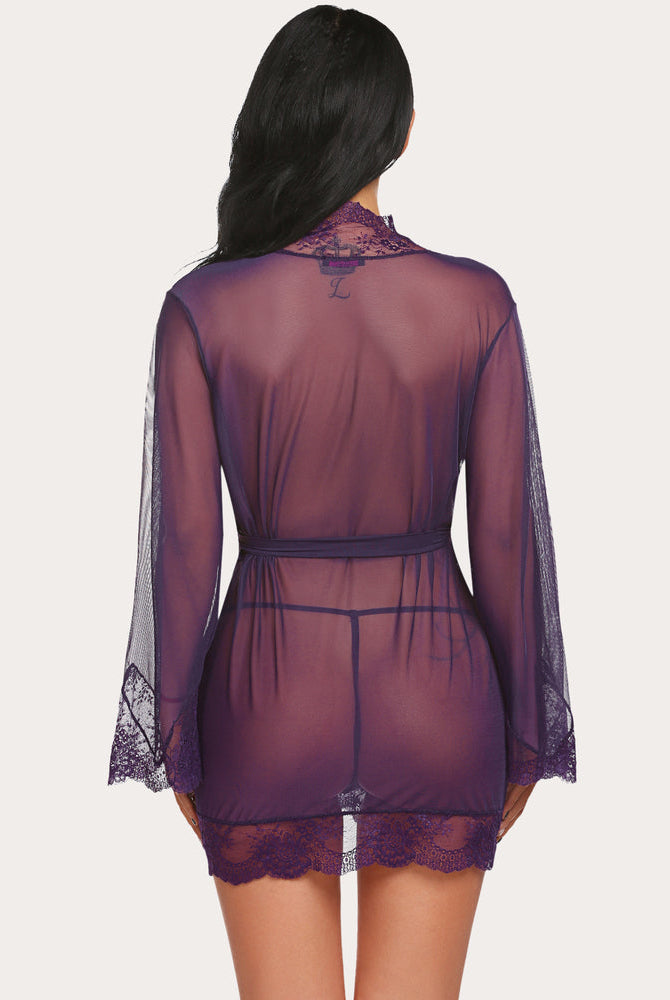 Purple mesh lace kimono robe with belt. Sexy lingerie for women. Shop now.