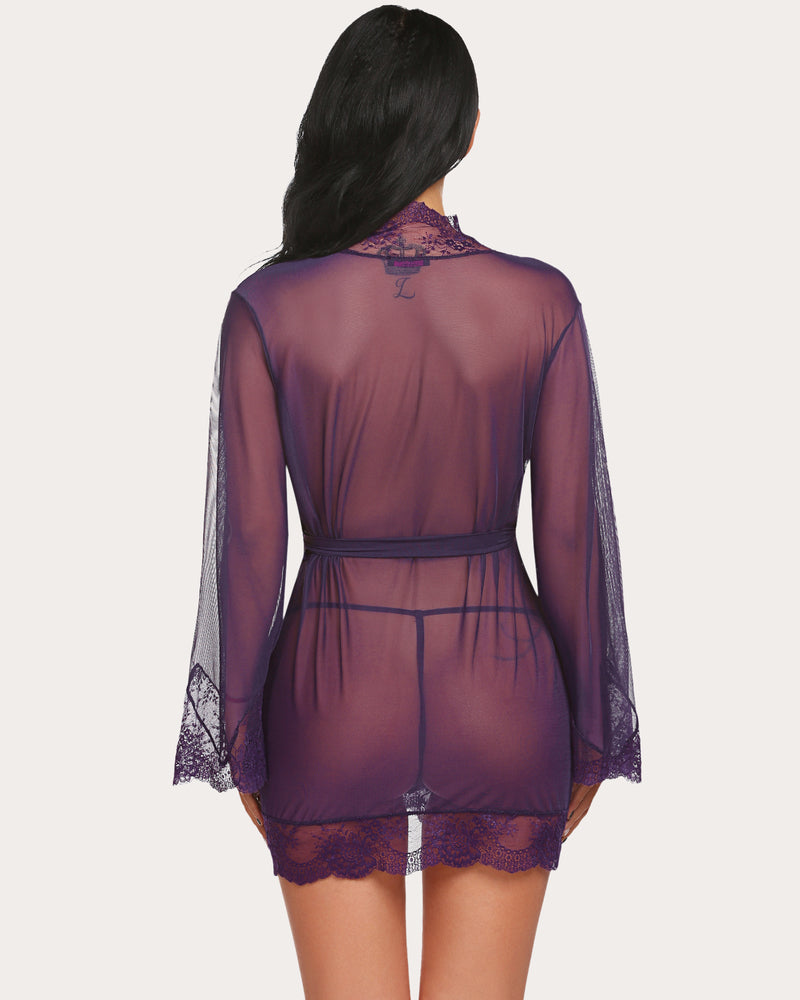Purple mesh lace kimono robe with belt. Sexy lingerie for women. Shop now.