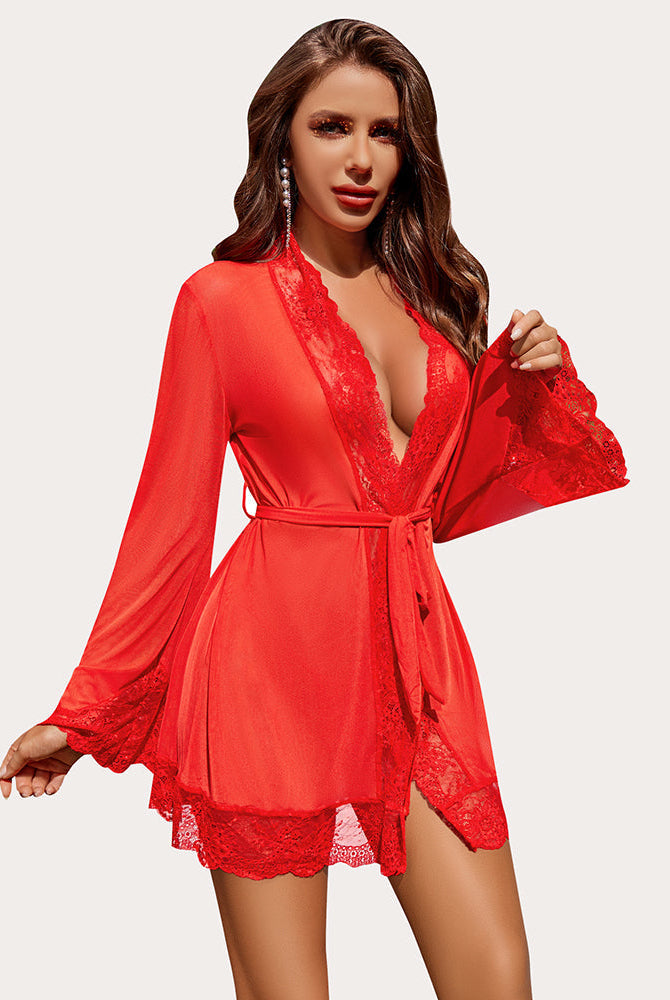Red lace kimono robe with deep v-neck, belted waist, and lace trim, sexy lingerie