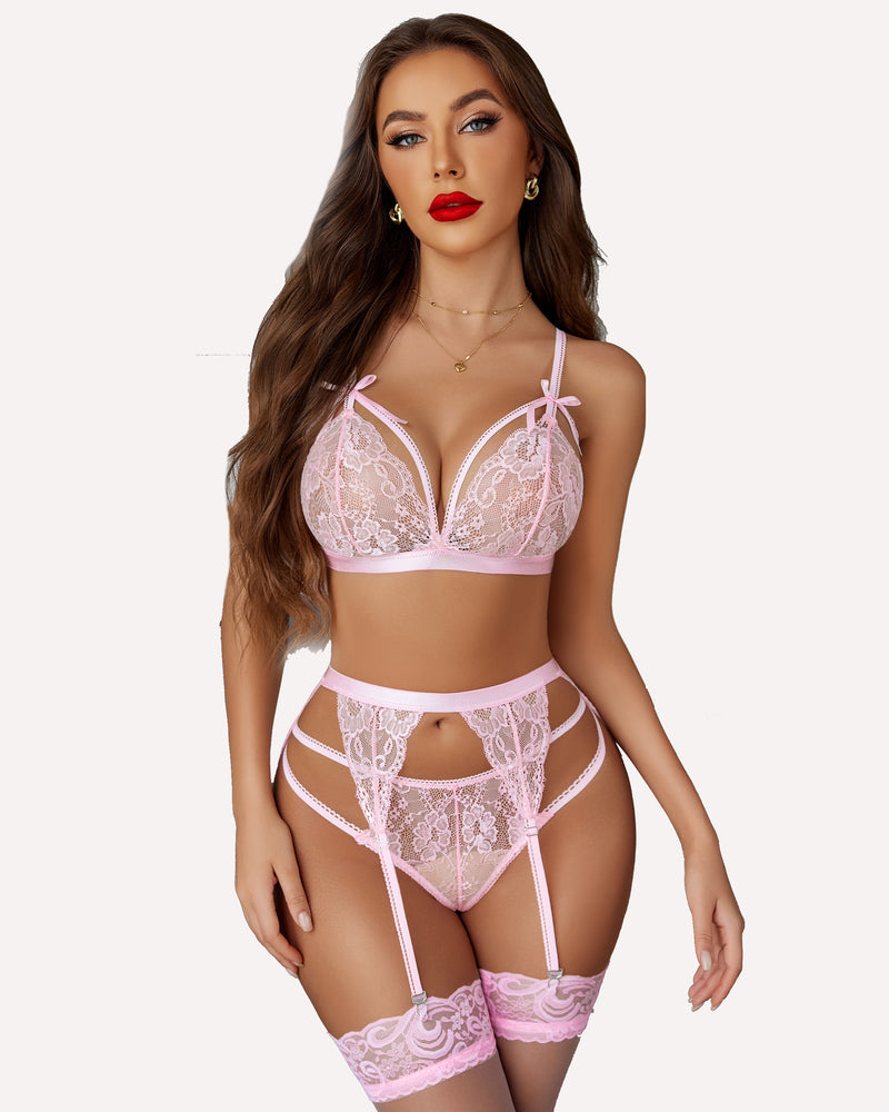 Pink lace lingerie set with garter belt and adjustable straps on a model