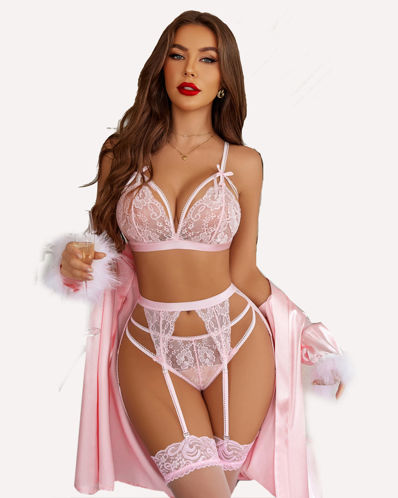 Avidlove pink lace lingerie set with garter belt, adjustable straps, and sheer cups. Sensual design.