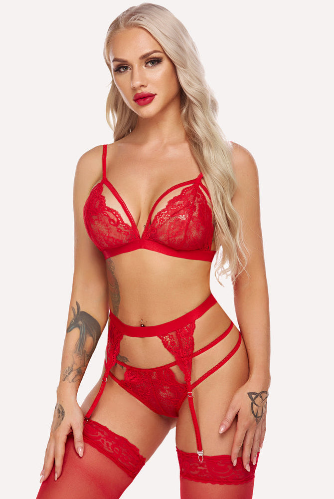 Red lace lingerie set with garter belt, sheer cups, and adjustable straps. Sensual Avidlove design.
