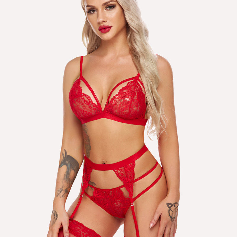 Red lace lingerie set with garter belt, sheer cups, and adjustable straps. Sensual Avidlove design.