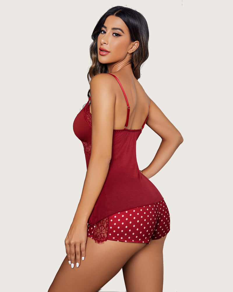 Burgundy lace cami PJS set with polka dot shorts. Adjustable straps, comfortable sleepwear.