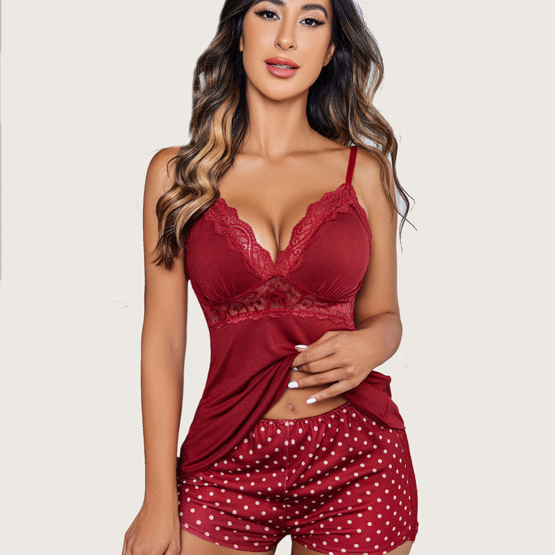 Maroon lace cami pajama set featuring lace trim and polka dot shorts, comfortable sleepwear.