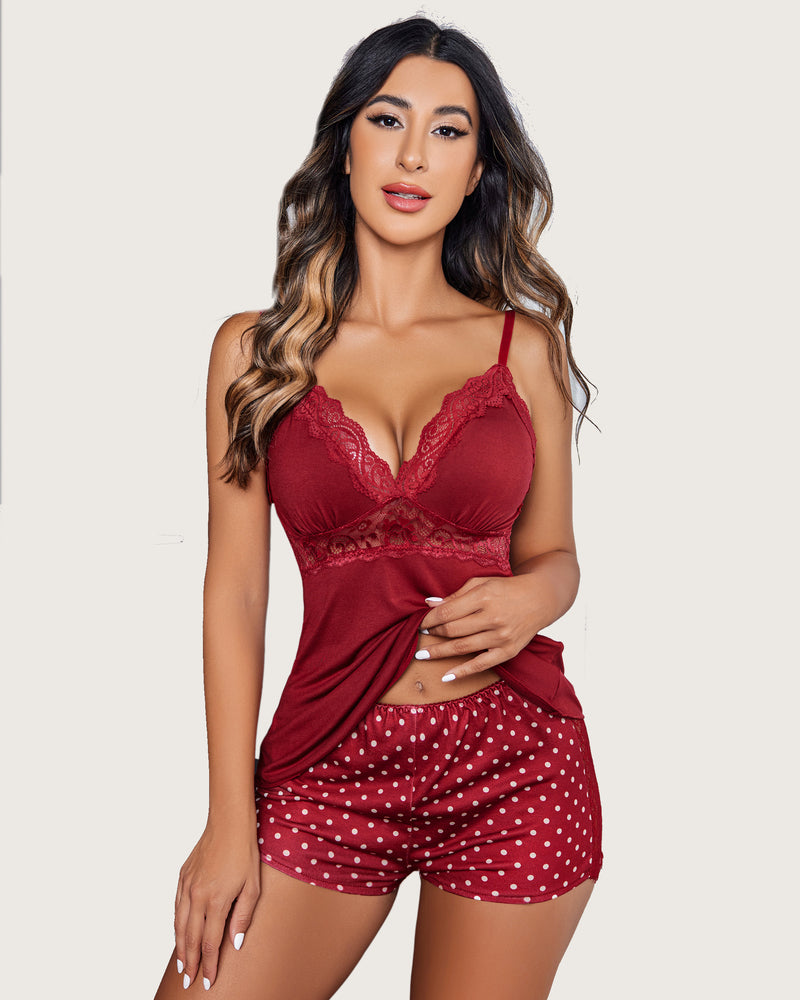 Avidlove maroon lace trim pajama set with polka dot shorts. Comfortable and sexy sleepwear.