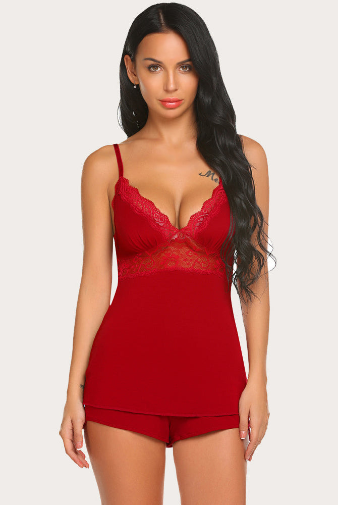 Red lace cami pajama set with adjustable straps and lace trim. Comfortable sleepwear option