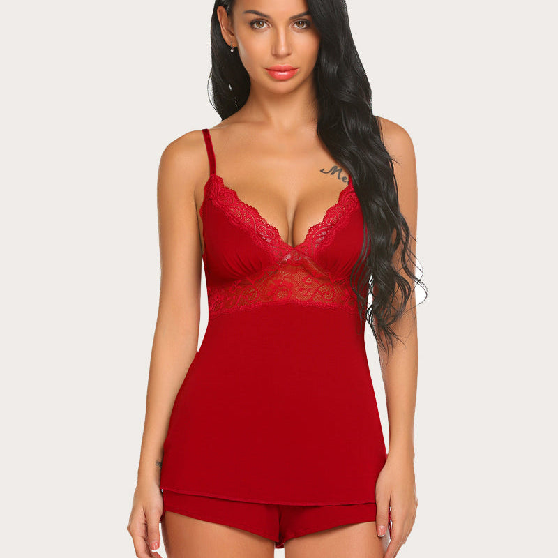 Red lace cami pajama set with adjustable straps and lace trim. Comfortable sleepwear option