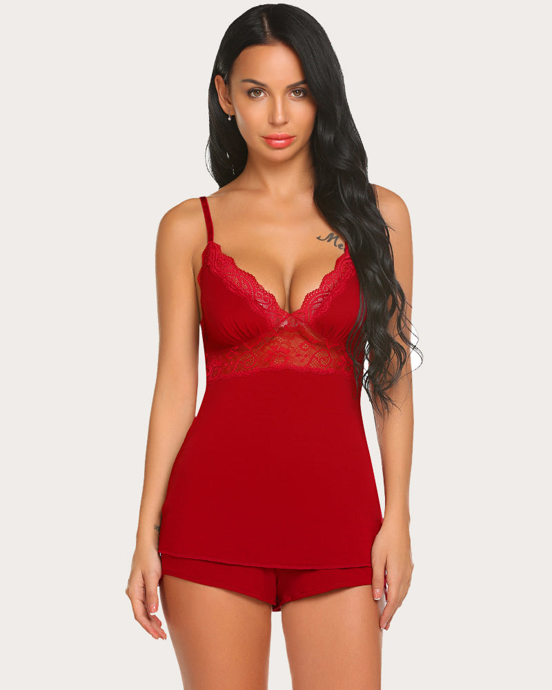 Red lace cami pajama set with adjustable straps and lace trim. Comfortable sleepwear option