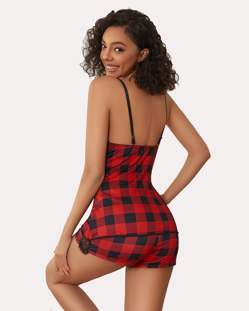 Red plaid cami PJS set, perfect for a comfortable night, featuring lace trim
