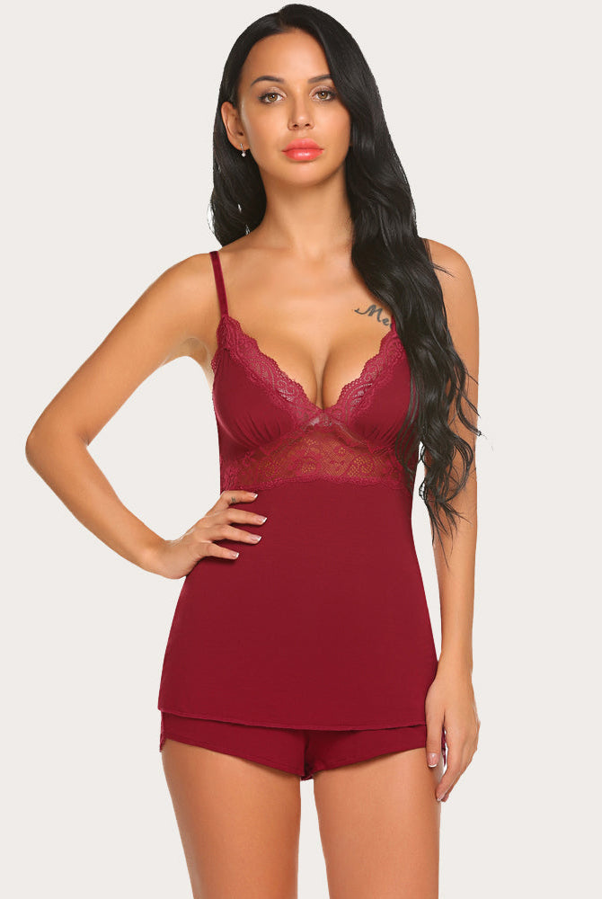 Maroon Lace Cami Pajama Set. Rayon spandex sleepwear with lace trim and adjustable straps for women.