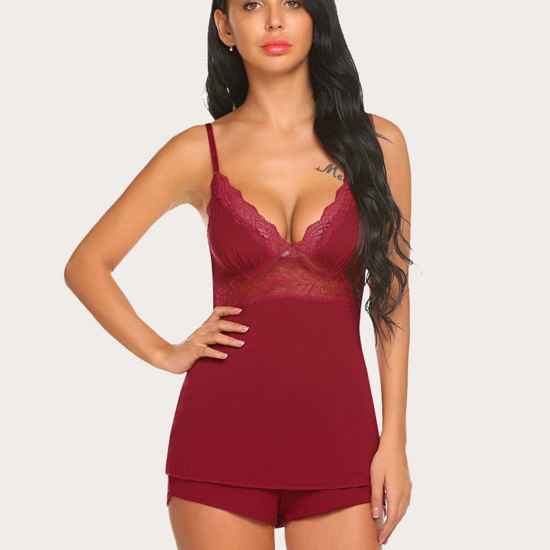 Maroon Lace Cami Pajama Set. Rayon spandex sleepwear with lace trim and adjustable straps for women.