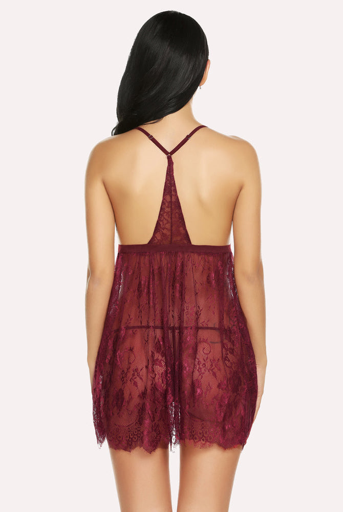 Burgundy lace babydoll lingerie set, open back, adjustable straps and sheer fringed hem