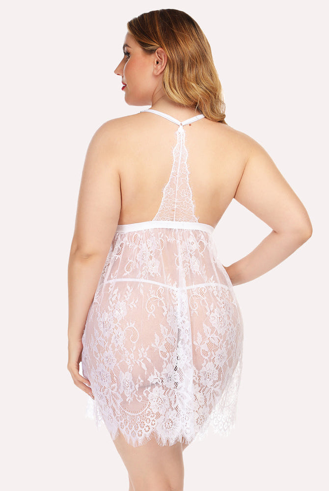 White lace babydoll lingerie with adjustable straps, sheer hem, and open-back design.