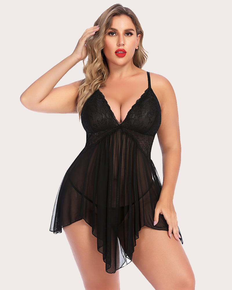 Black lace V-neck babydoll sleepwear on a plus-size model, adjustable straps, asymmetrical hem.