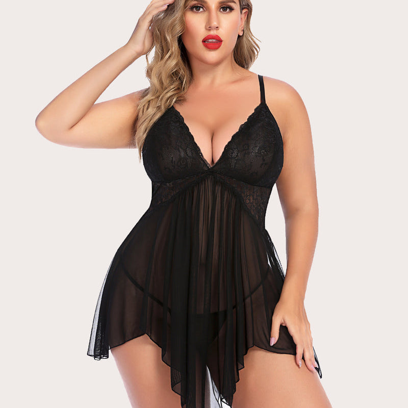 Plus size black lace babydoll lingerie set with sheer fabric and adjustable straps