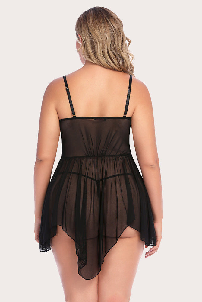 Black babydoll sleepwear for plus size women, adjustable straps, asymmetrical hem design.