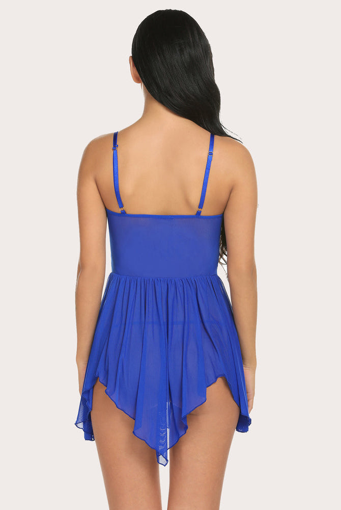 Plus size blue babydoll lingerie set with asymmetrical hem and adjustable straps