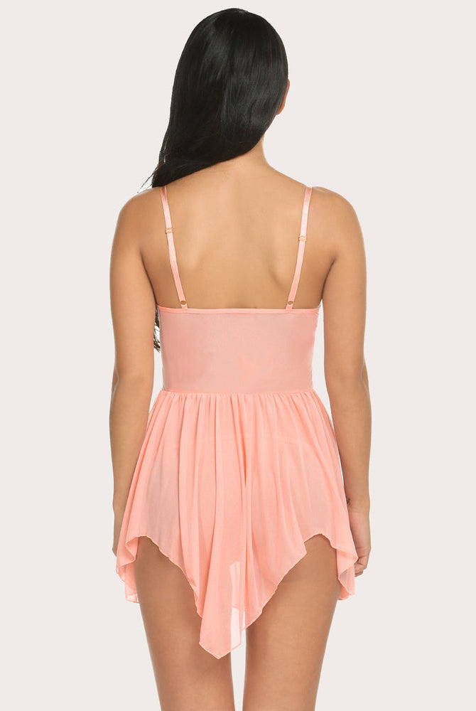 Plus size peach babydoll lingerie with asymmetrical hem and adjustable straps