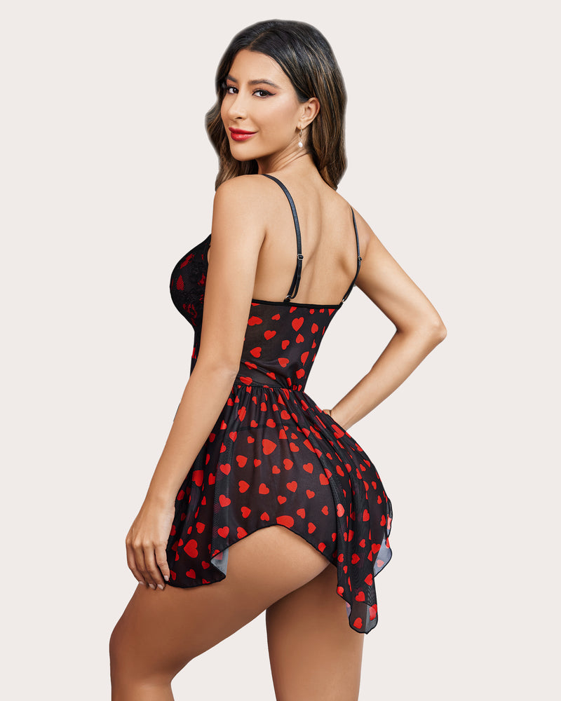 Plus size black heart print babydoll lingerie with adjustable straps, asymmetrical hem, sheer lace