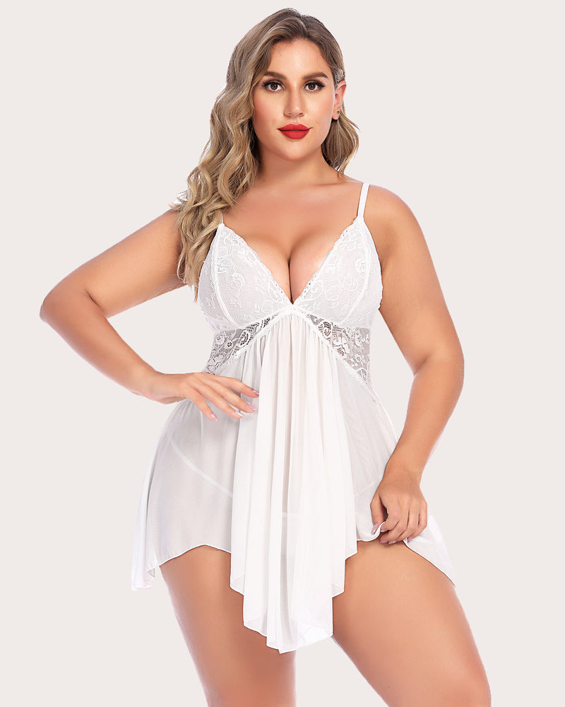 White lace V-neck sleepwear dress with adjustable straps, plus size model, Avidlove lingerie