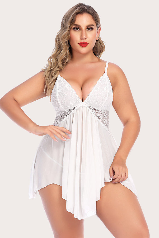 Plus size white lace babydoll lingerie set featuring adjustable straps and an asymmetrical hem