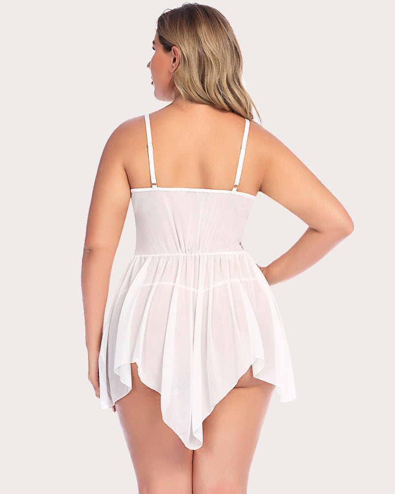 Plus Size White Lace Babydoll Lingerie Set with Asymmetrical Hem