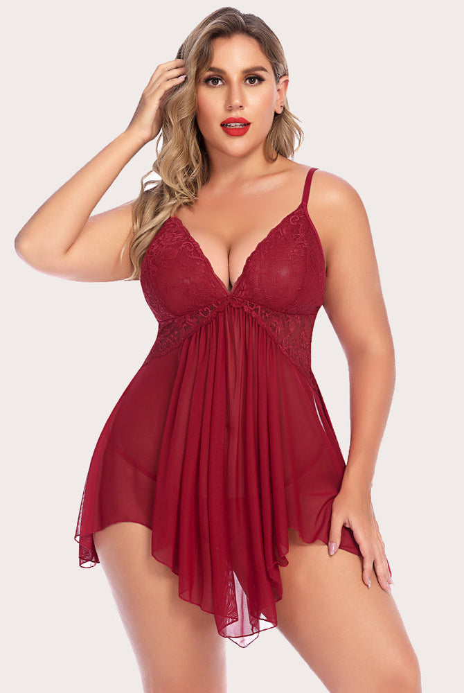 Plus size burgundy lace babydoll lingerie with asymmetrical hem, perfect for sexy sleepwear
