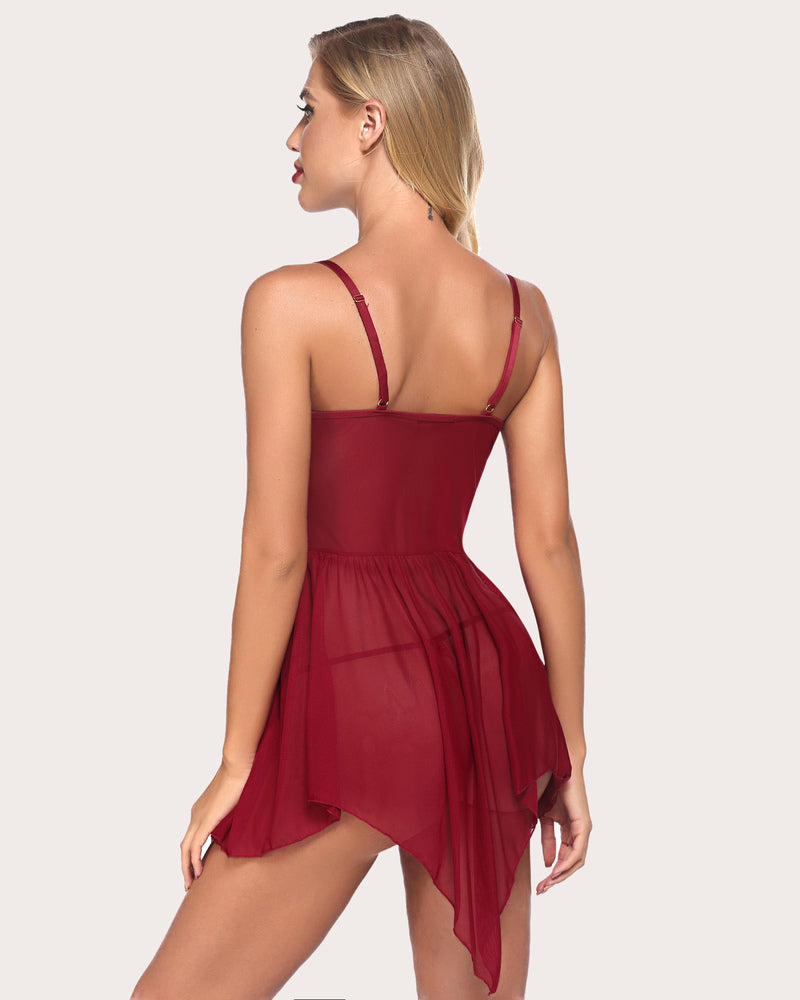 Plus Size Burgundy Babydoll Lingerie with Asymmetrical Hem - Sexy Sleepwear