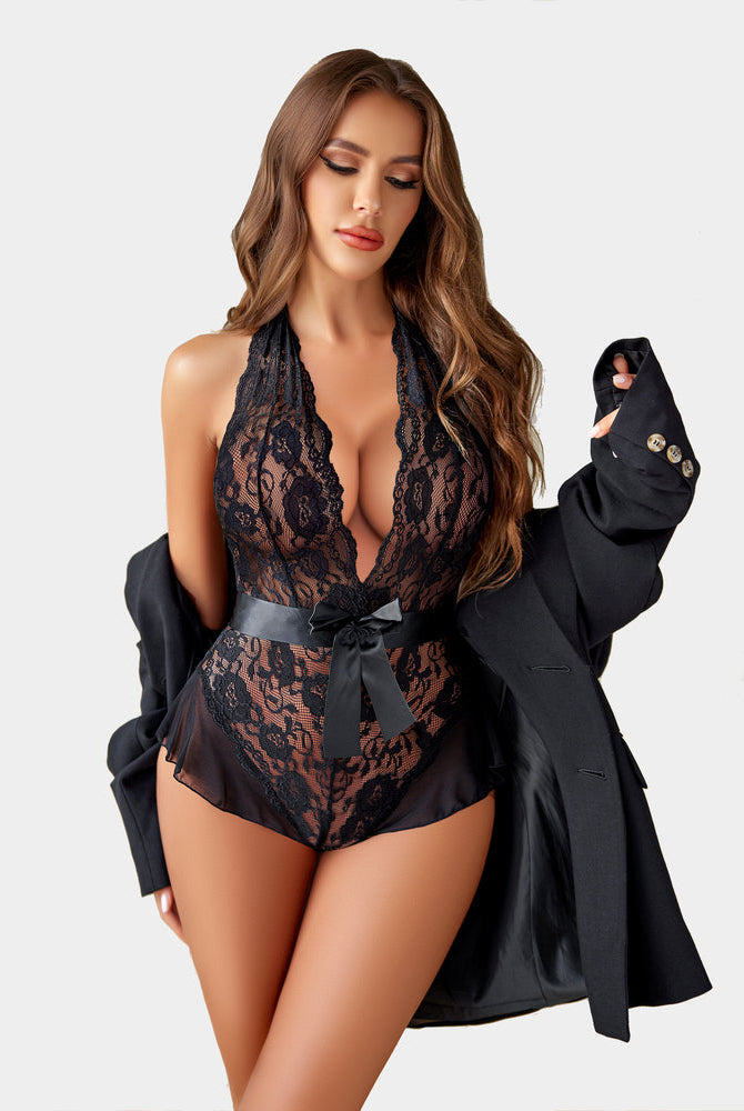 Black lace halter bodysuit with satin bow, mesh trim, and black blazer. Sexy lingerie