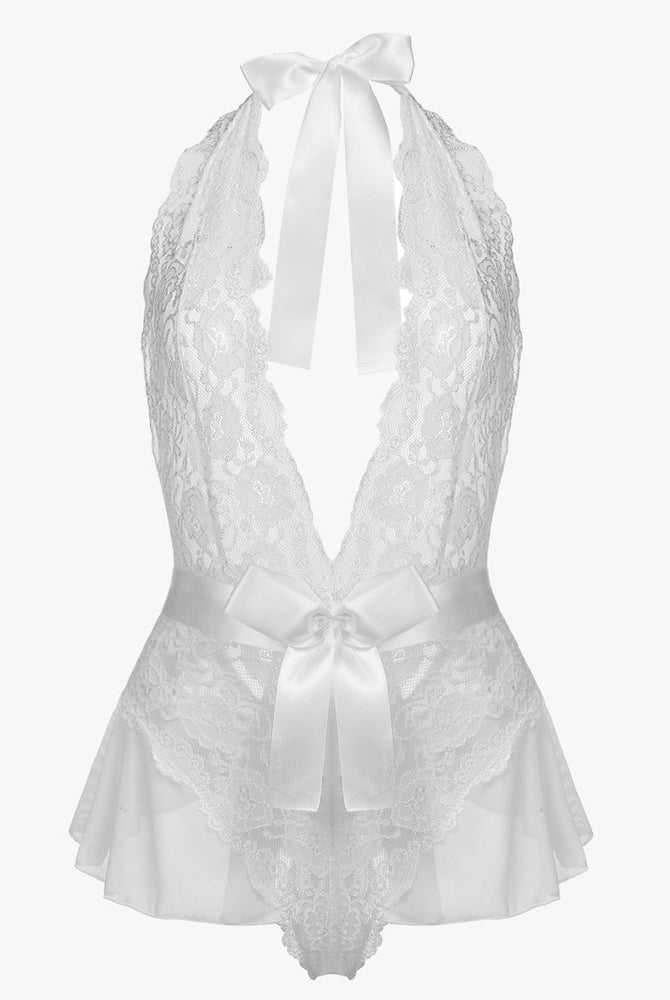 White lace halter bodysuit with plunging V-neck and satin bow detail, elegant and sexy lingerie.