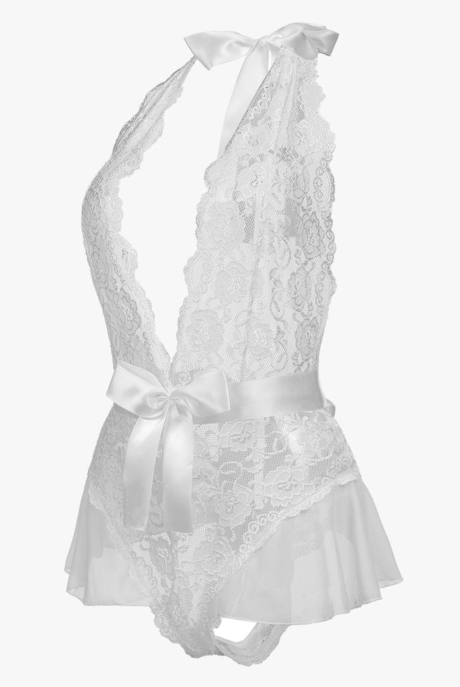 White lace halter bodysuit with satin bow, mesh trim, and deep V-neck. Sexy lingerie design.