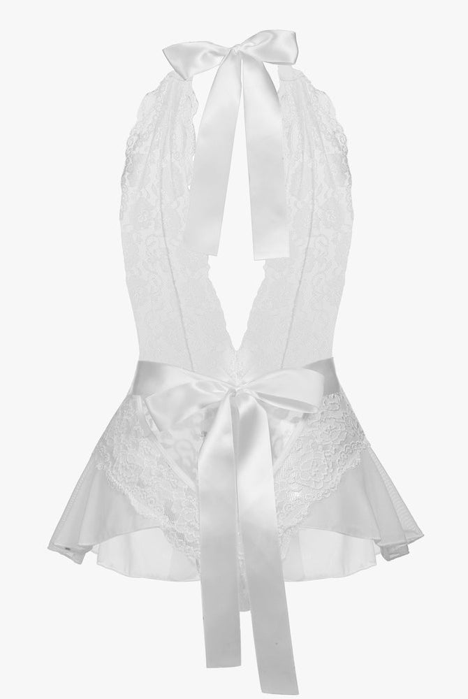 White lace halter bodysuit: deep V-neck, mesh trim, satin bow, sexy design for women.