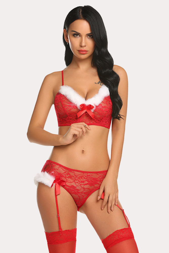 Red lace Santa bra and panty set with garter belt. Christmas lingerie for women.