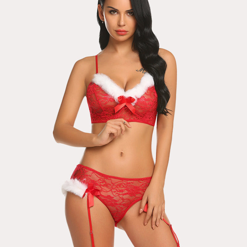 Red lace Santa bra and panty set with garter belt. Christmas lingerie for women.