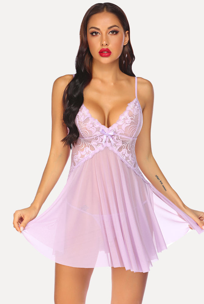Lilac floral lace bridal babydoll nightdress with adjustable straps, perfect for bridal lingerie