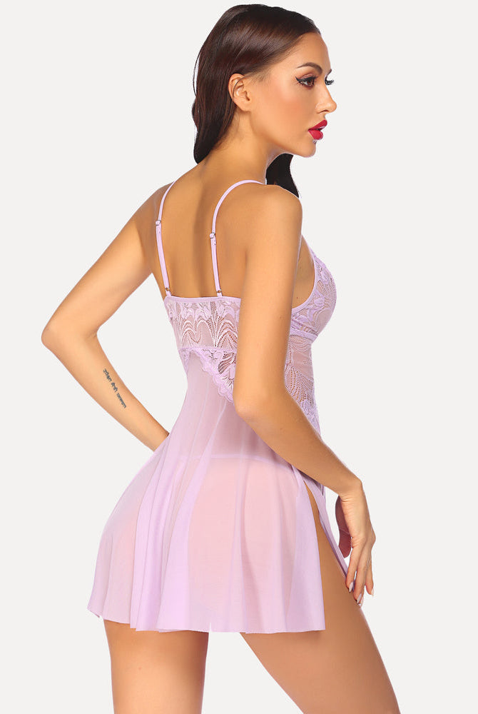 Lilac lace babydoll lingerie with adjustable straps and side split, bridal nightdress