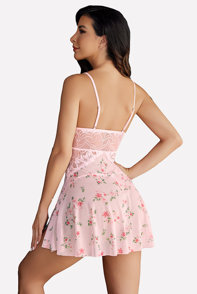 Pink floral lace babydoll lingerie with adjustable straps and flowy skirt