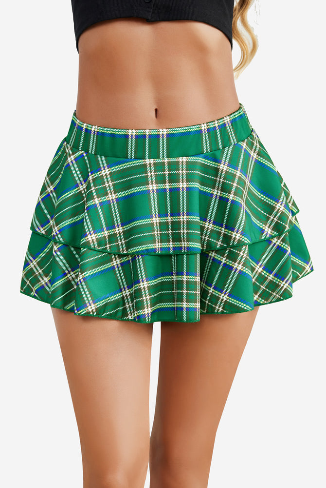 Avidlove green plaid mini skirt with pleated ruffle design, offering a cute and adorable style.